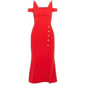 Rebecca Vallance Dress Beltran Crepe Stretch Midi Cold Shoulder Tomato Red Sz 6